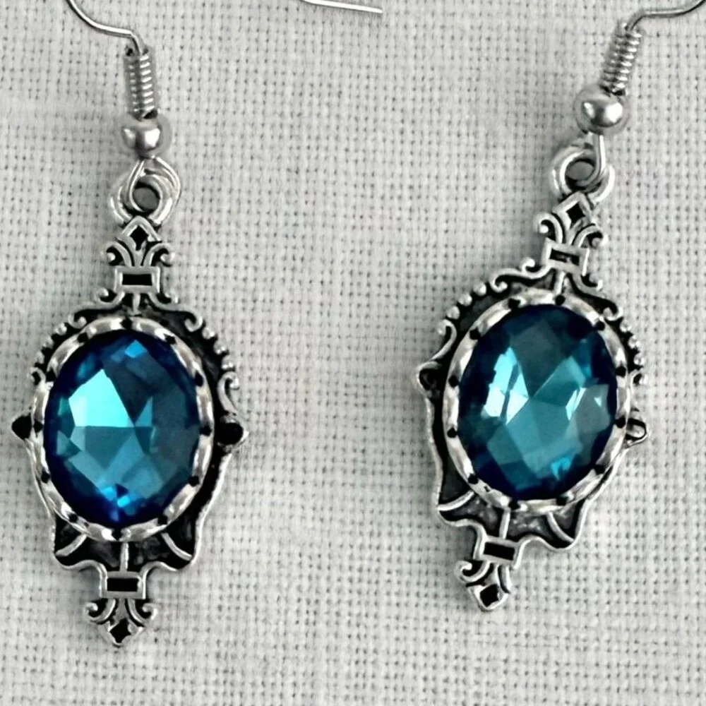Blue Crystal Silver Plated   Earrings Statement Regency Glam Romantic Jewelry - Picture 2 of 5